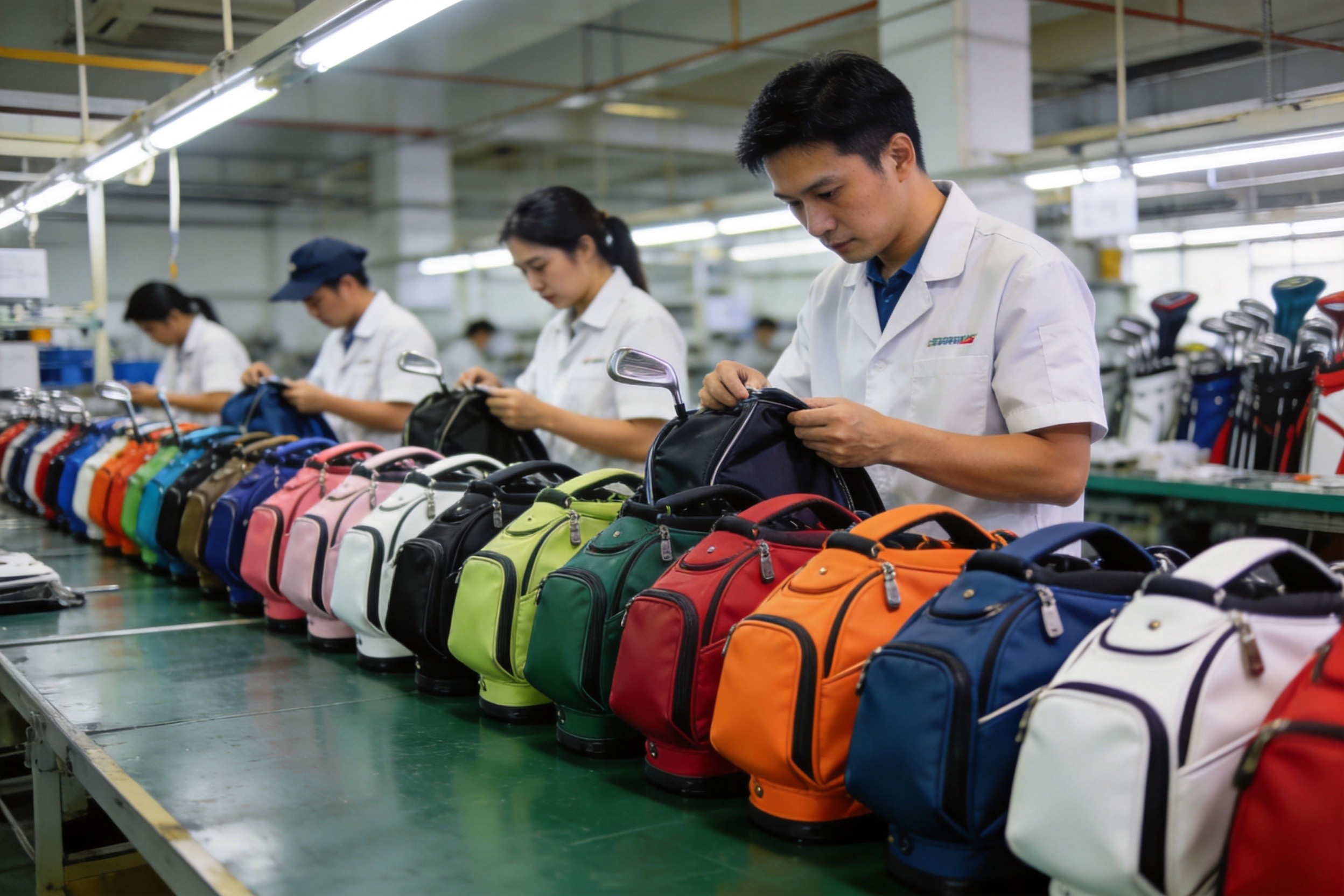 Small batch custom golf bag manufacturing facility showing 100 pieces of custom golf bags in various colors during quality inspection at Quanzhou factory