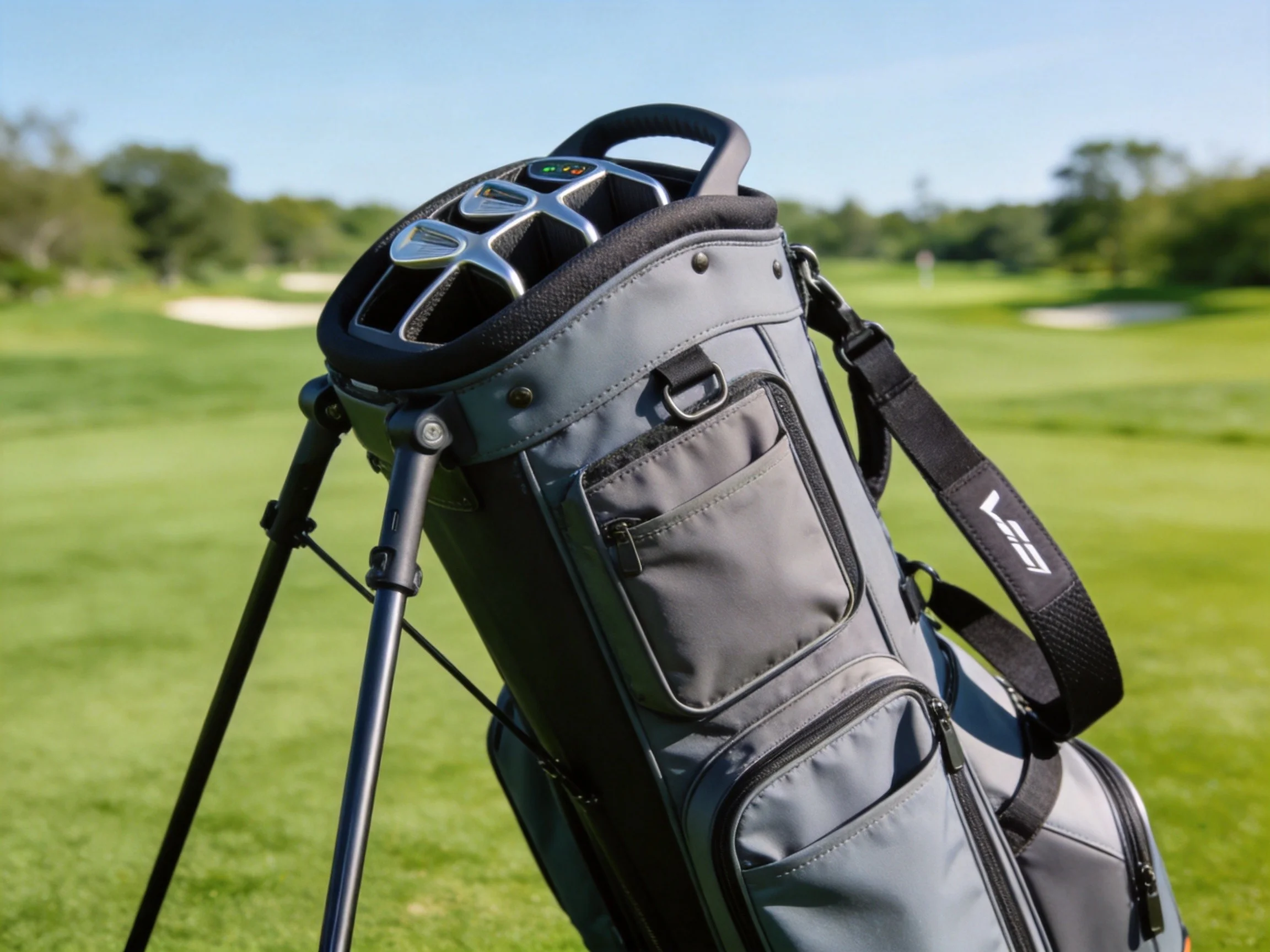 Golf stand bag with retractable legs extended showing pockets, dividers, and adjustable dual straps