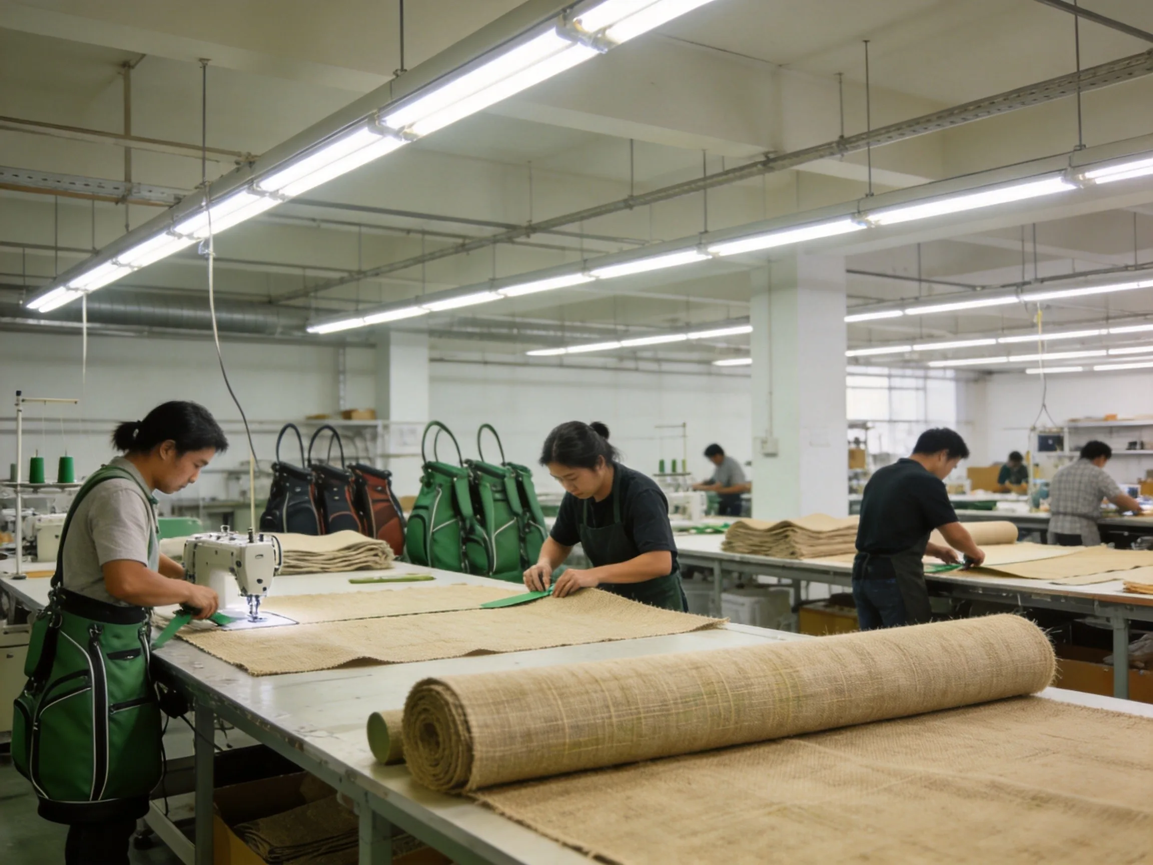 Golf bag factory workers cutting and sewing sustainable natural fiber fabrics on production line