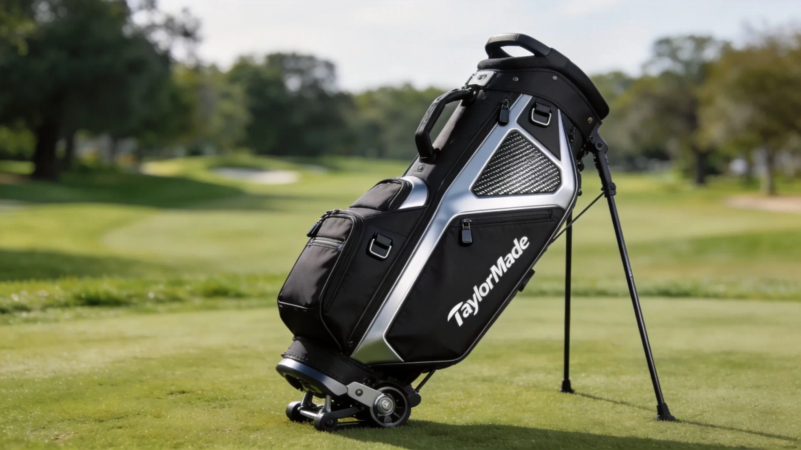 TaylorMade cart bag featuring adjustable stand technology and magnetic pocket closures with carbon fiber accents