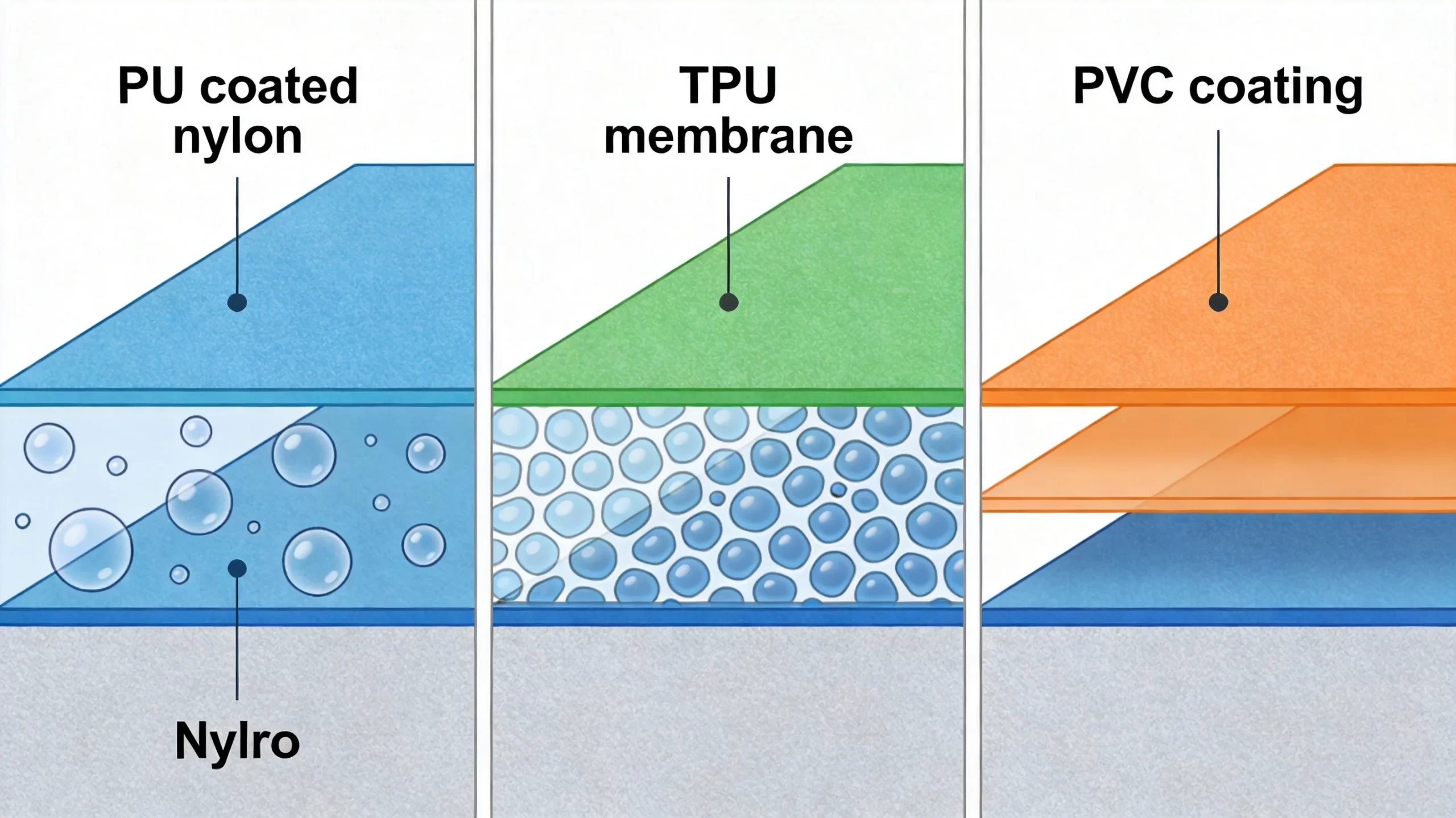 Cross-section comparison of three waterproof coating technologies showing layer structure