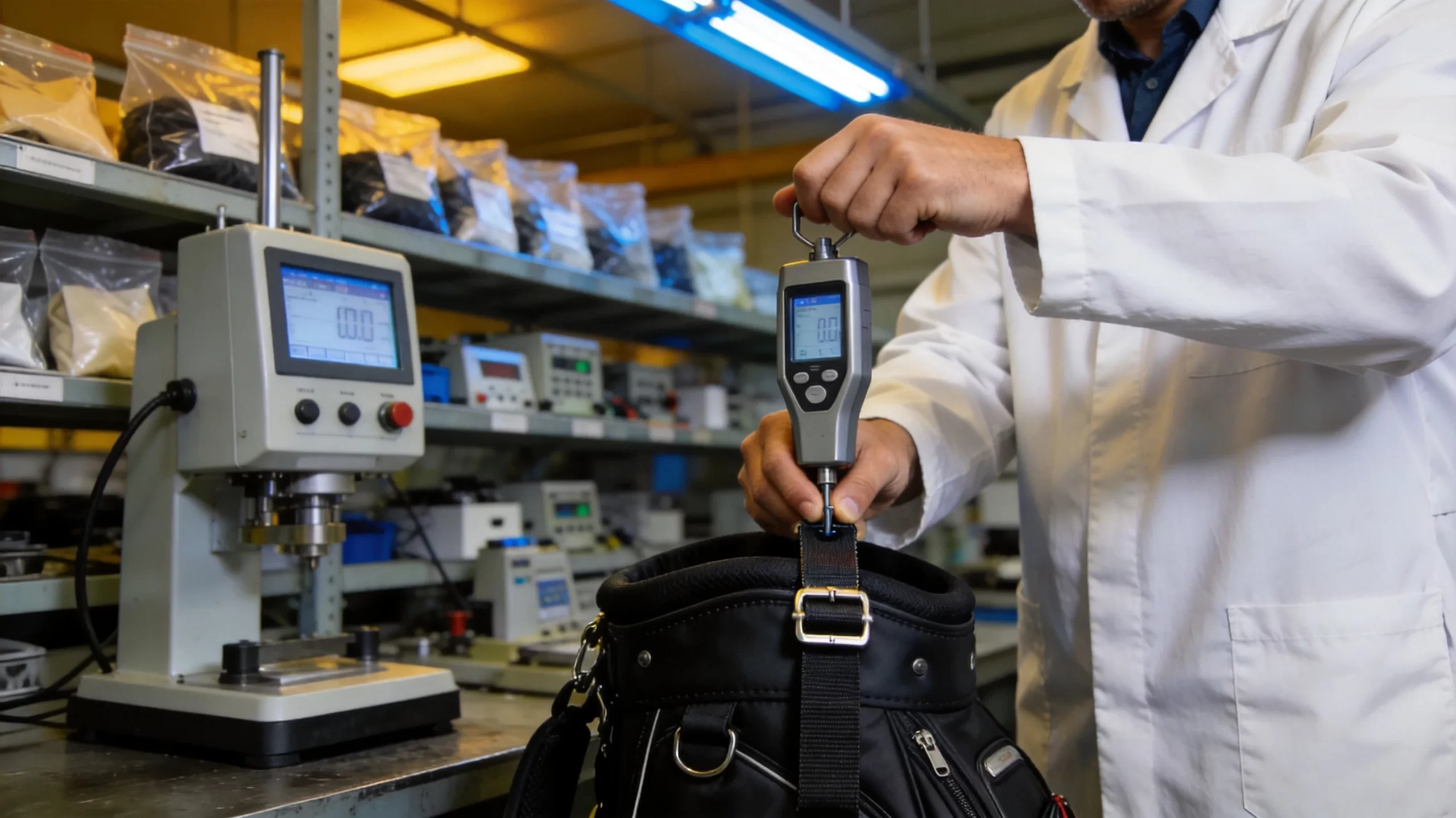 Quality technician performing force gauge testing on golf bag strap attachment in testing laboratory