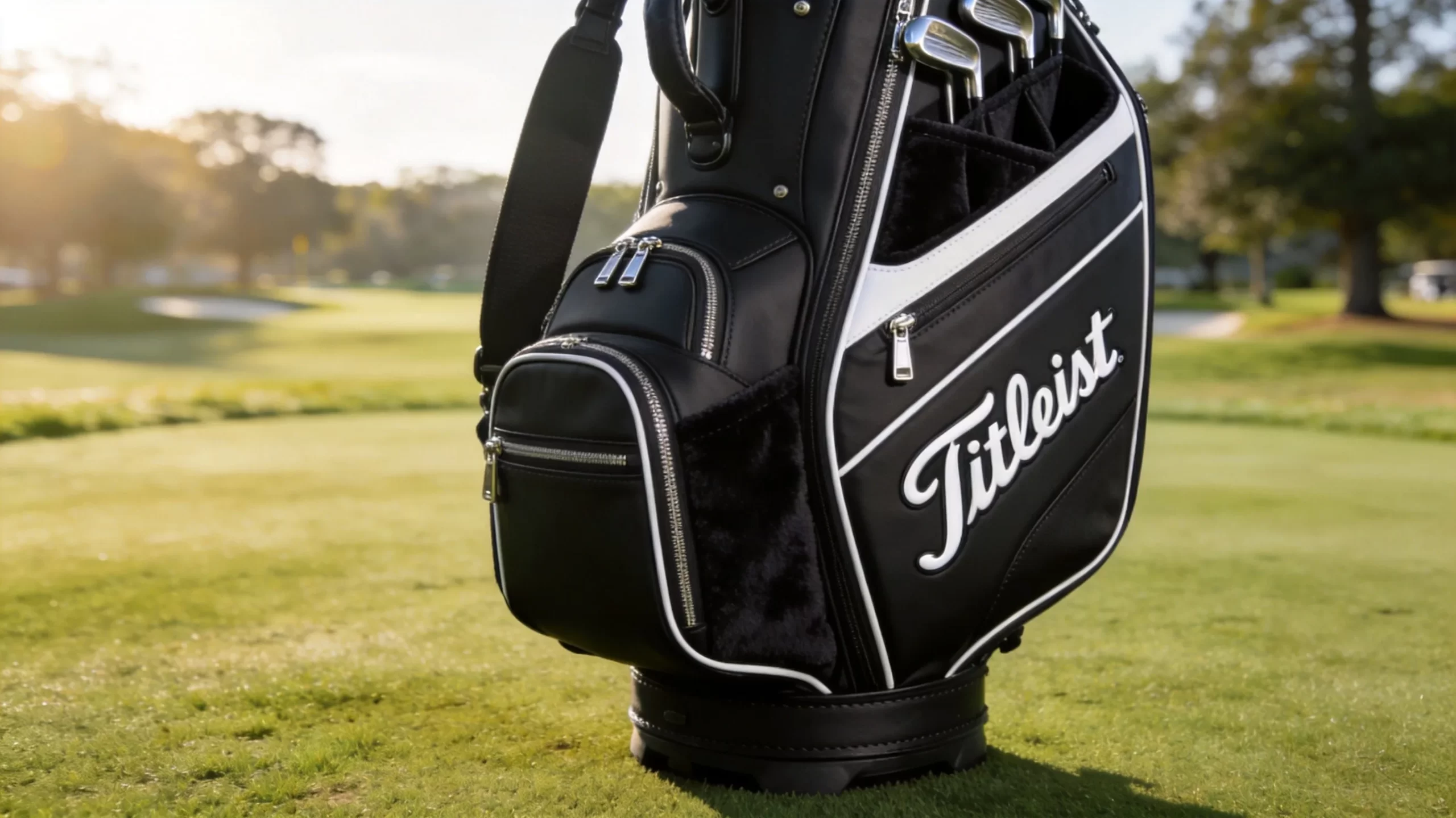 Titleist Players series cart bag — classic black and white tour-grade design with premium synthetic leather and chrome hardware