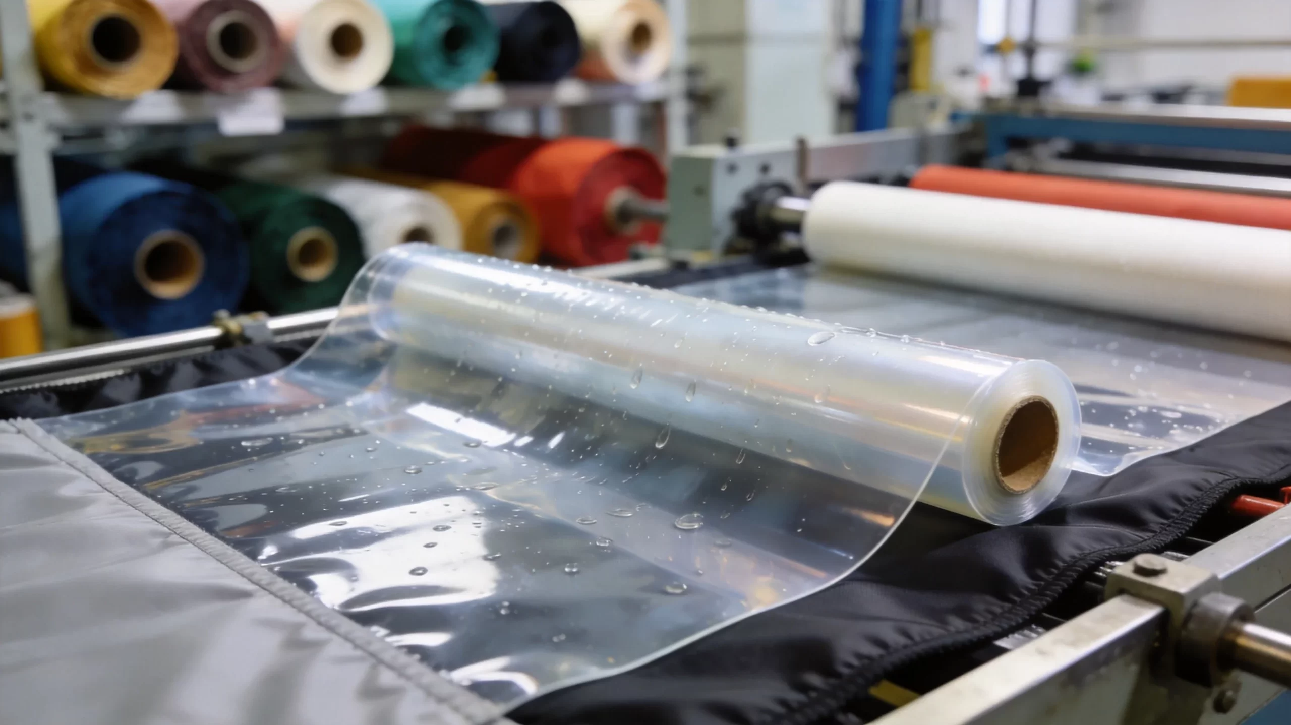 TPU waterproof film lamination process showing transparent thermoplastic polyurethane membrane bonded to nylon fabric