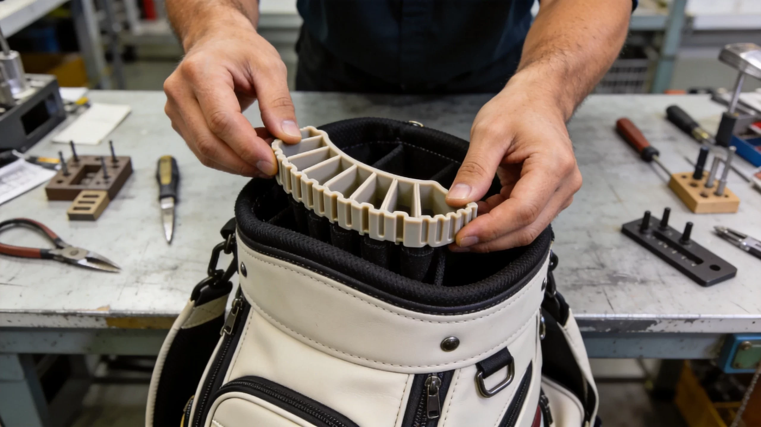 factory worker installing 14-way divider top cuff into a Callaway-class golf stand bag