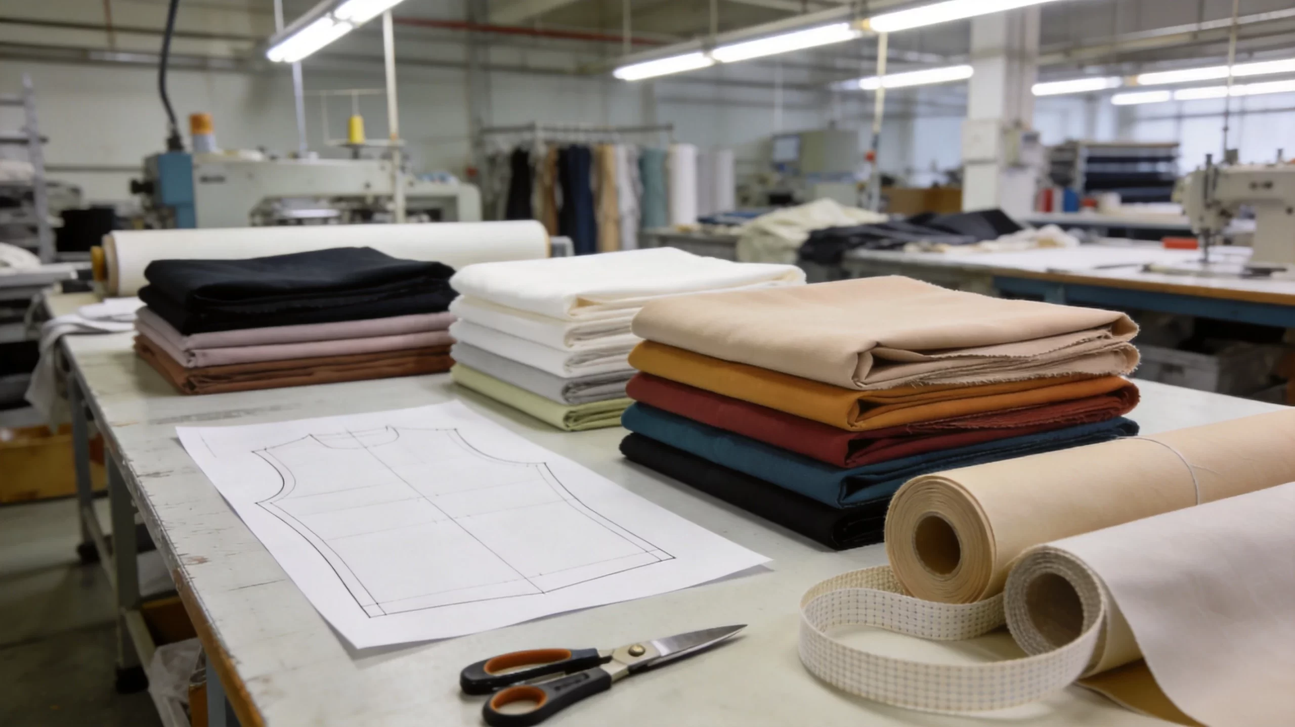 layered 600D and 1680D polyester golf bag fabric with lining and webbing on factory cutting table