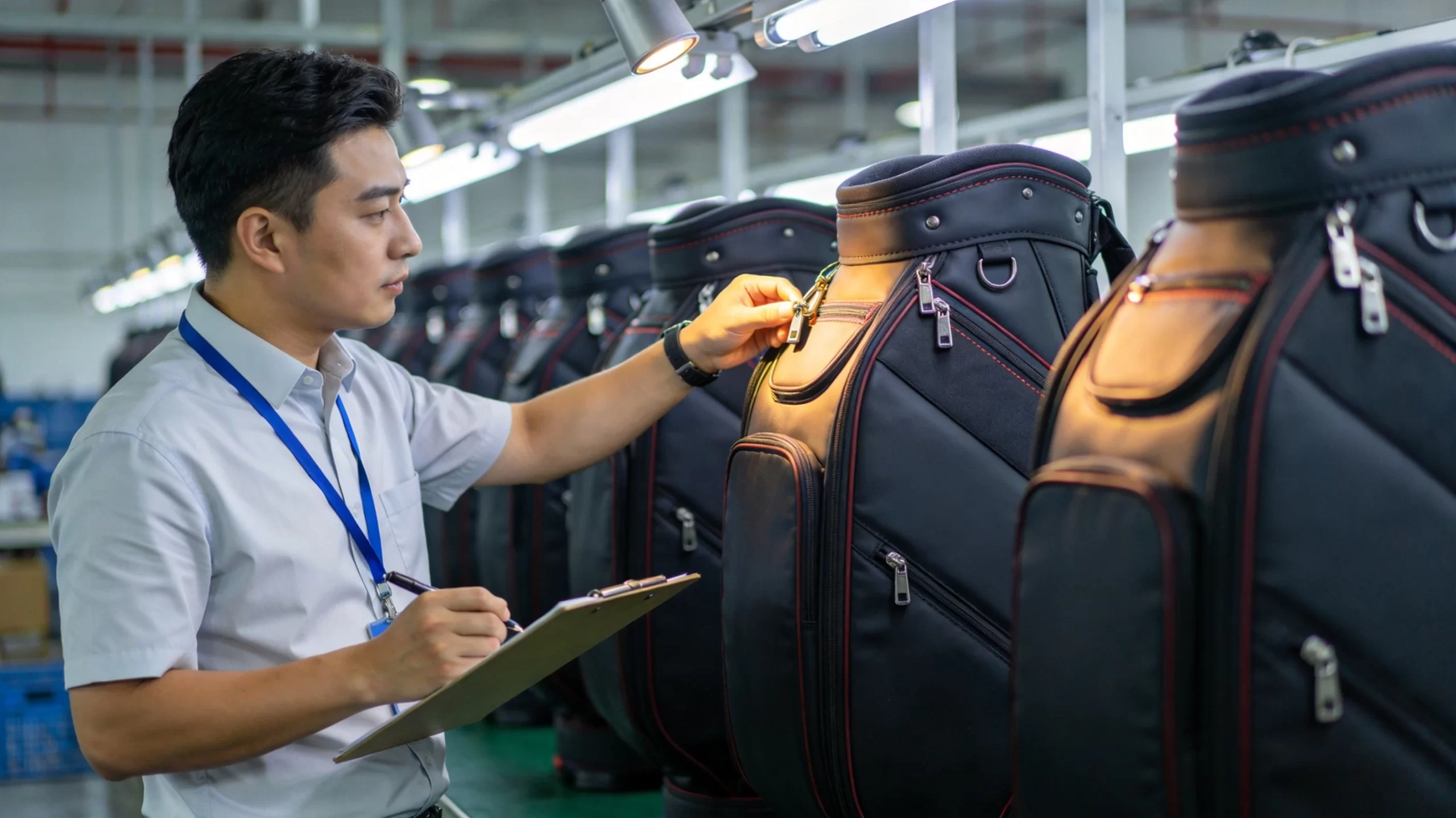 quality control inspector checking zippers and stitching on finished premium golf bags