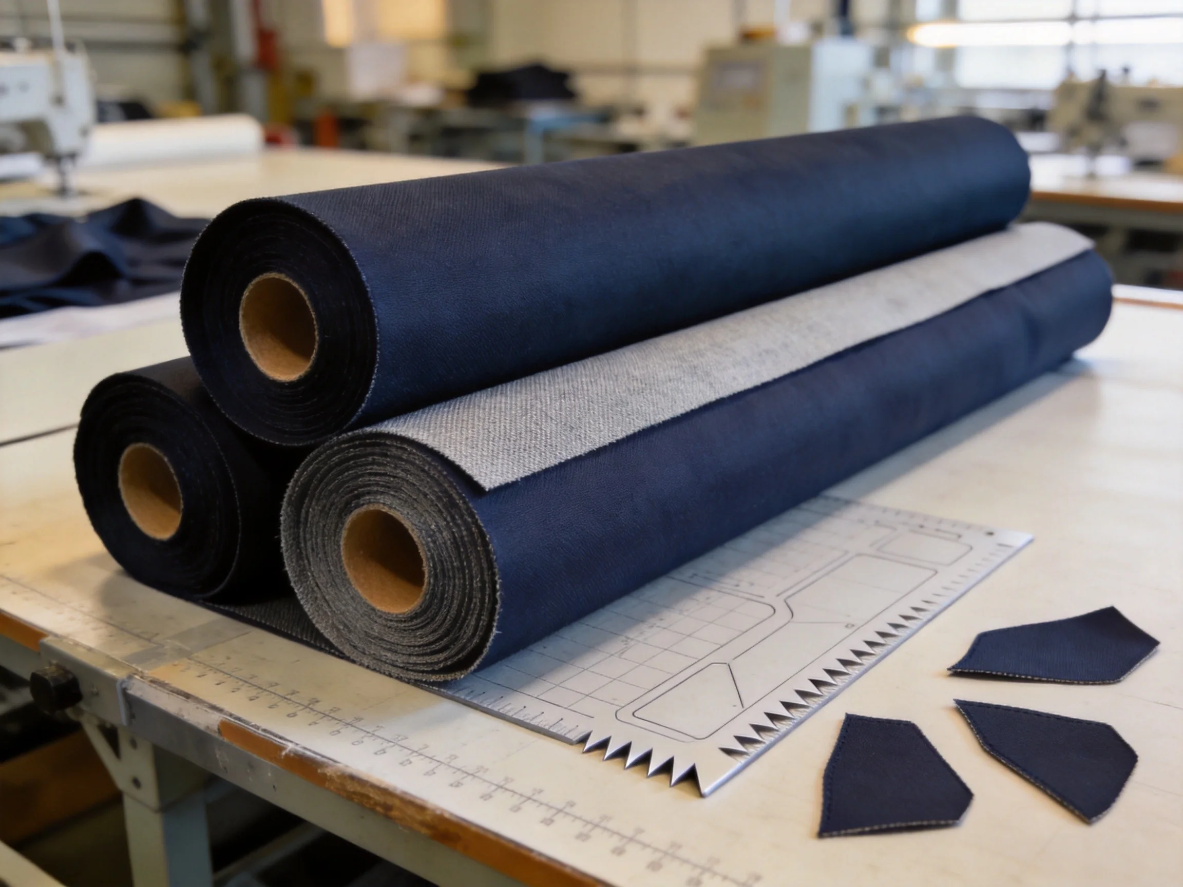 600D and 1680D polyester golf bag fabric rolls on a factory cutting table