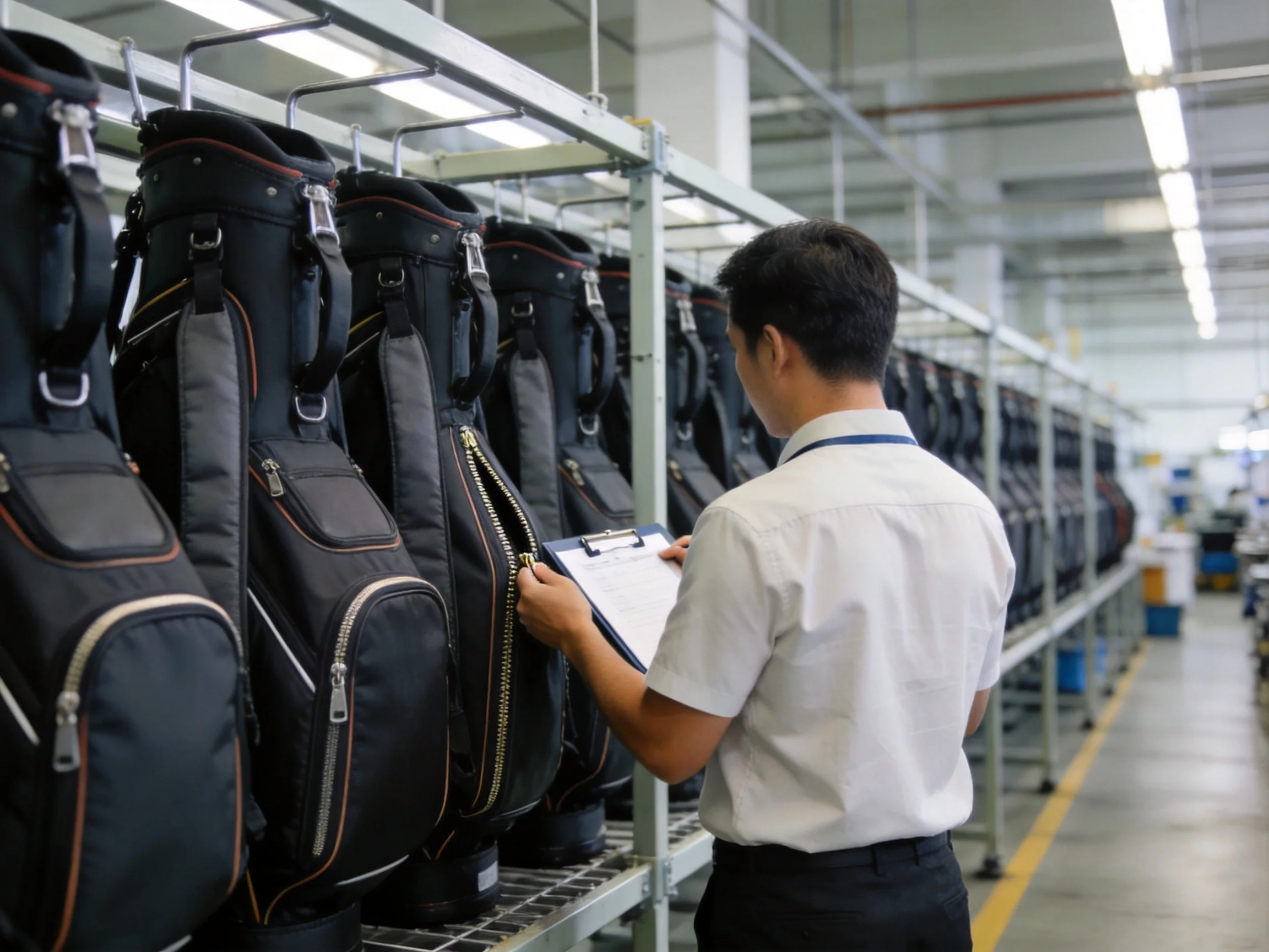 quality control check of zippers and stitching on finished golf bags at a factory rack