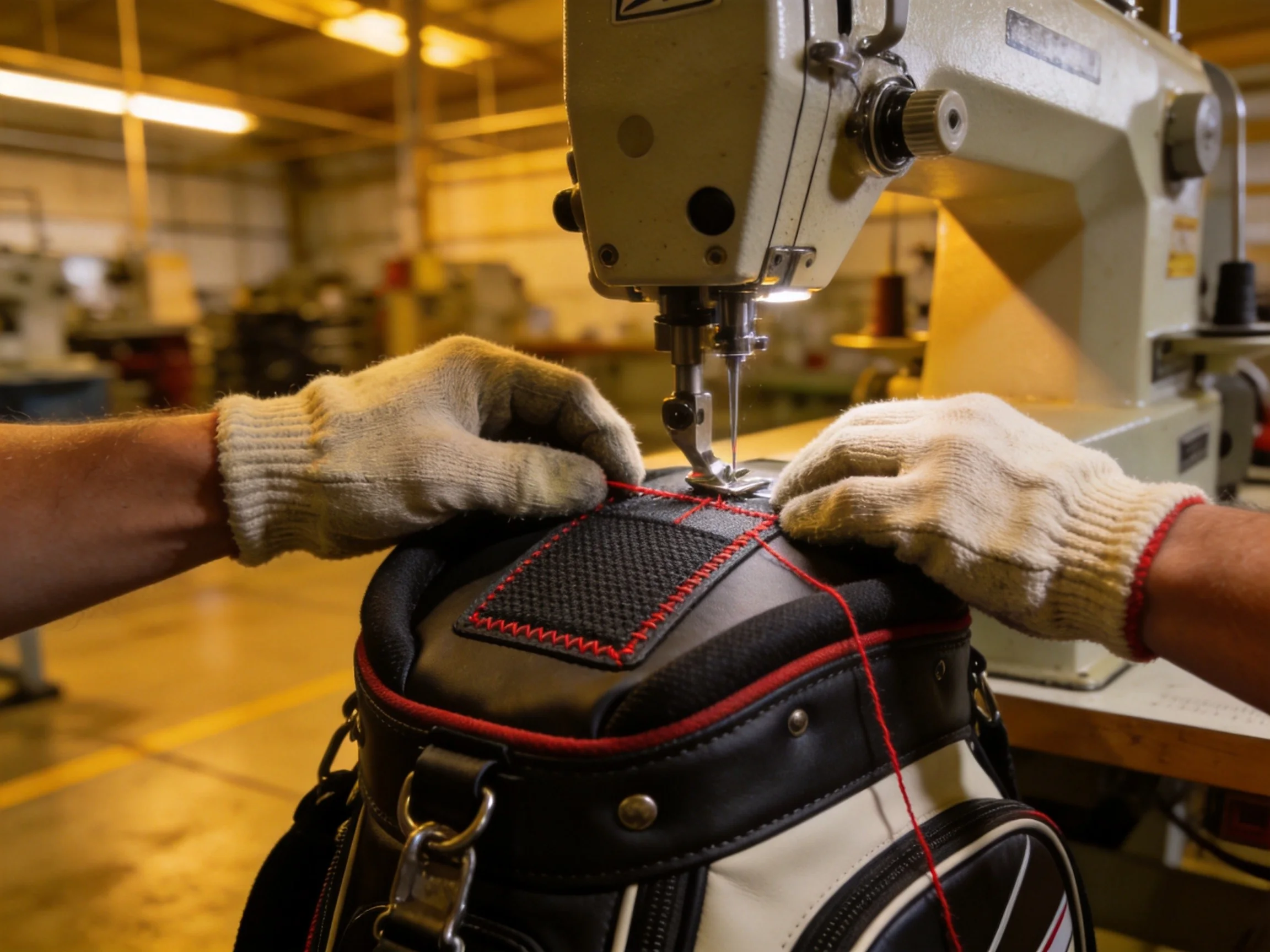 factory worker stitching a reinforced wear panel on a golf bag body