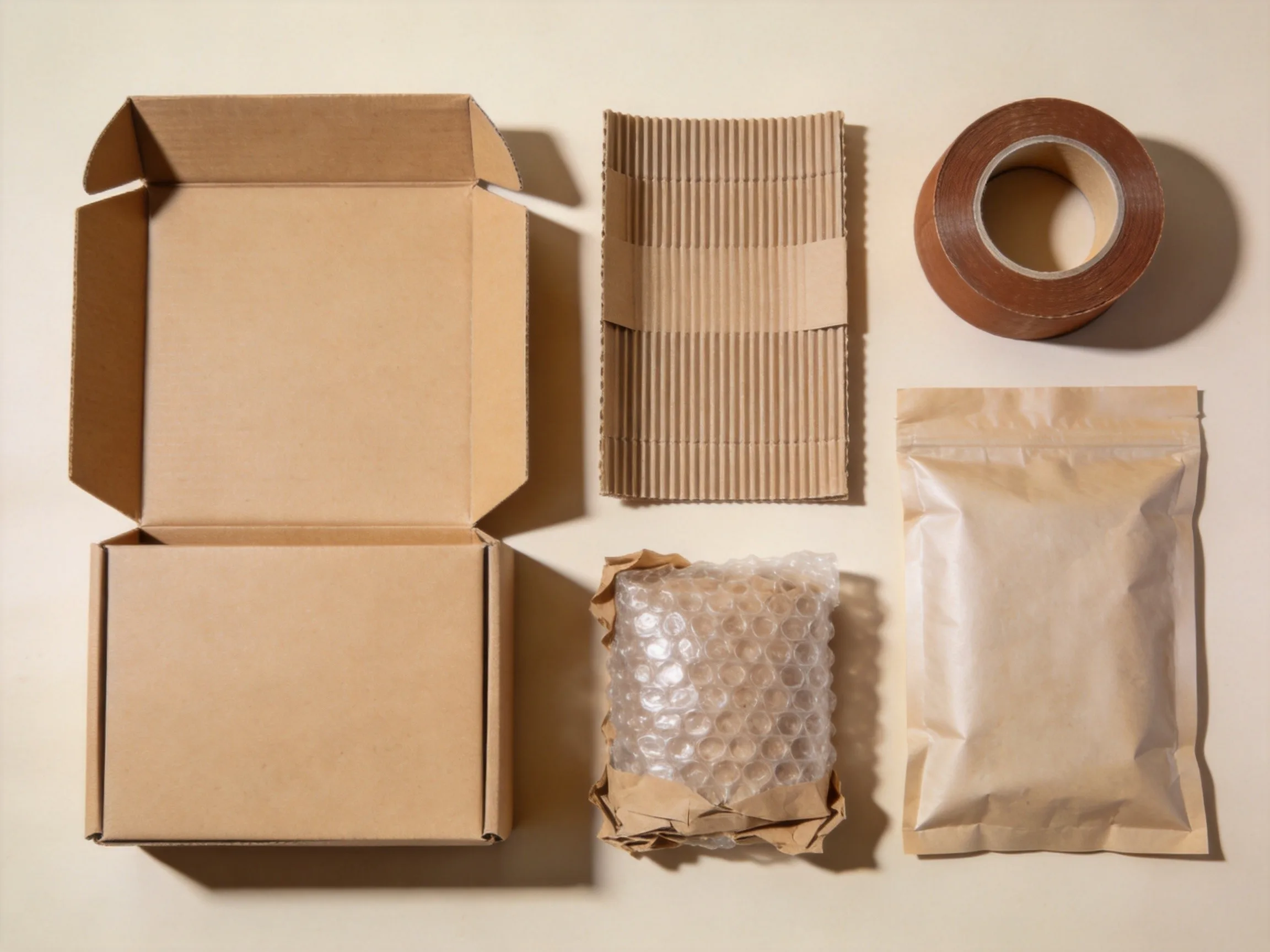 Eco-friendly golf bag packaging flatlay showing recycled cardboard boxes, kraft paper tape, and compostable mailer bags