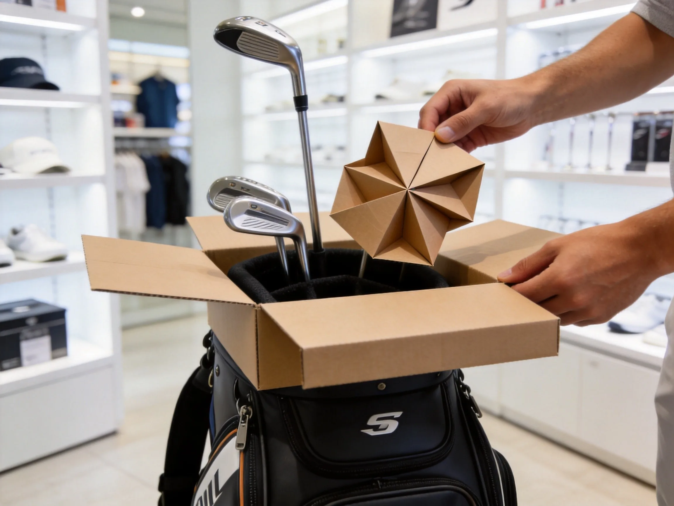 Golf bag sustainable packaging unboxing experience with recycled cardboard box in retail environment
