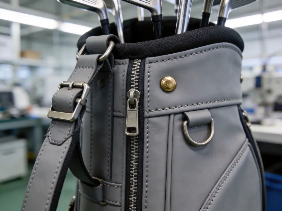 Quality control inspection of zipper, brass rivets and reinforced stitching on premium golf bag