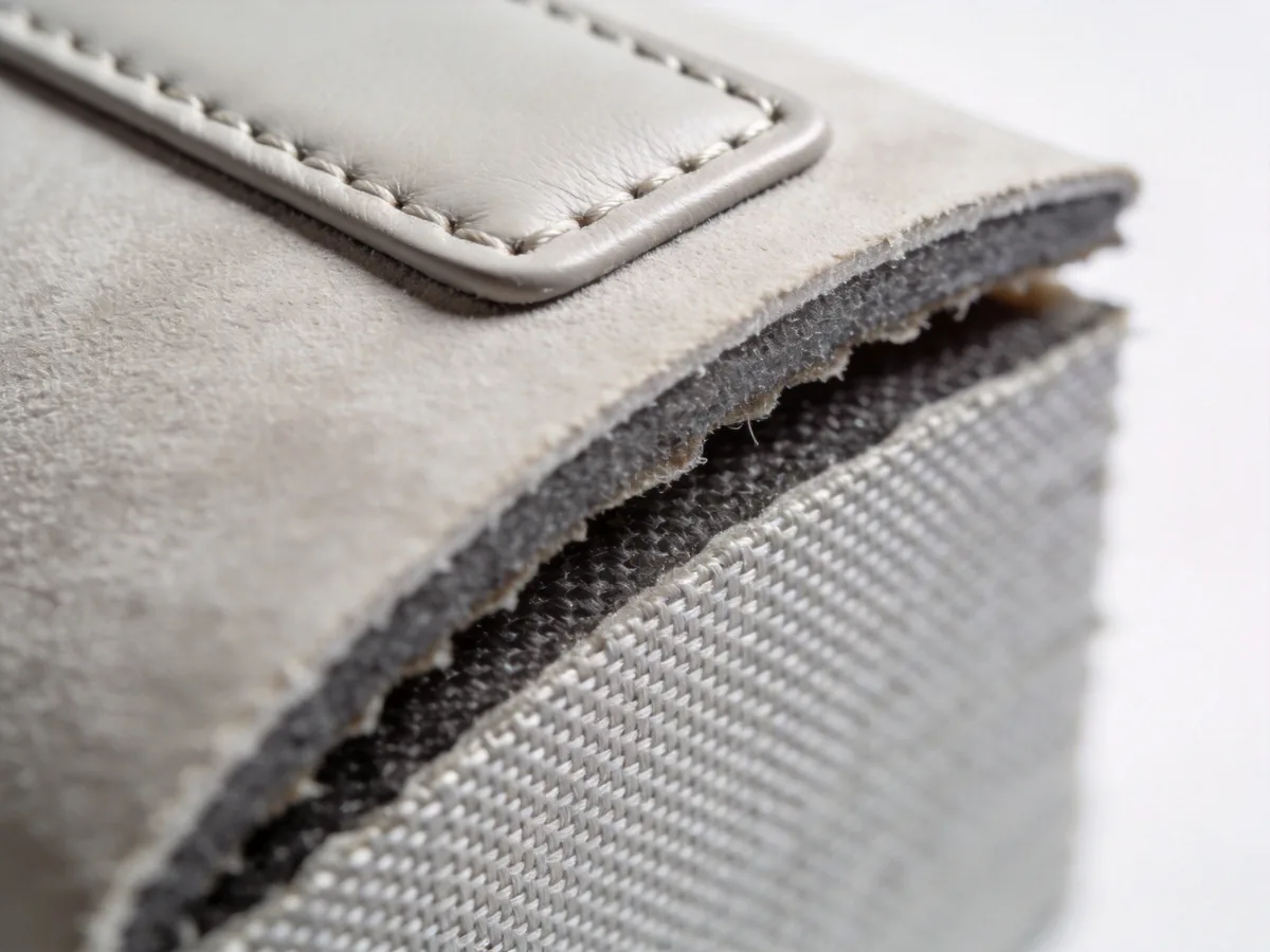 Layered leather-look microfibre and 1680D polyester weave inspected under microscope