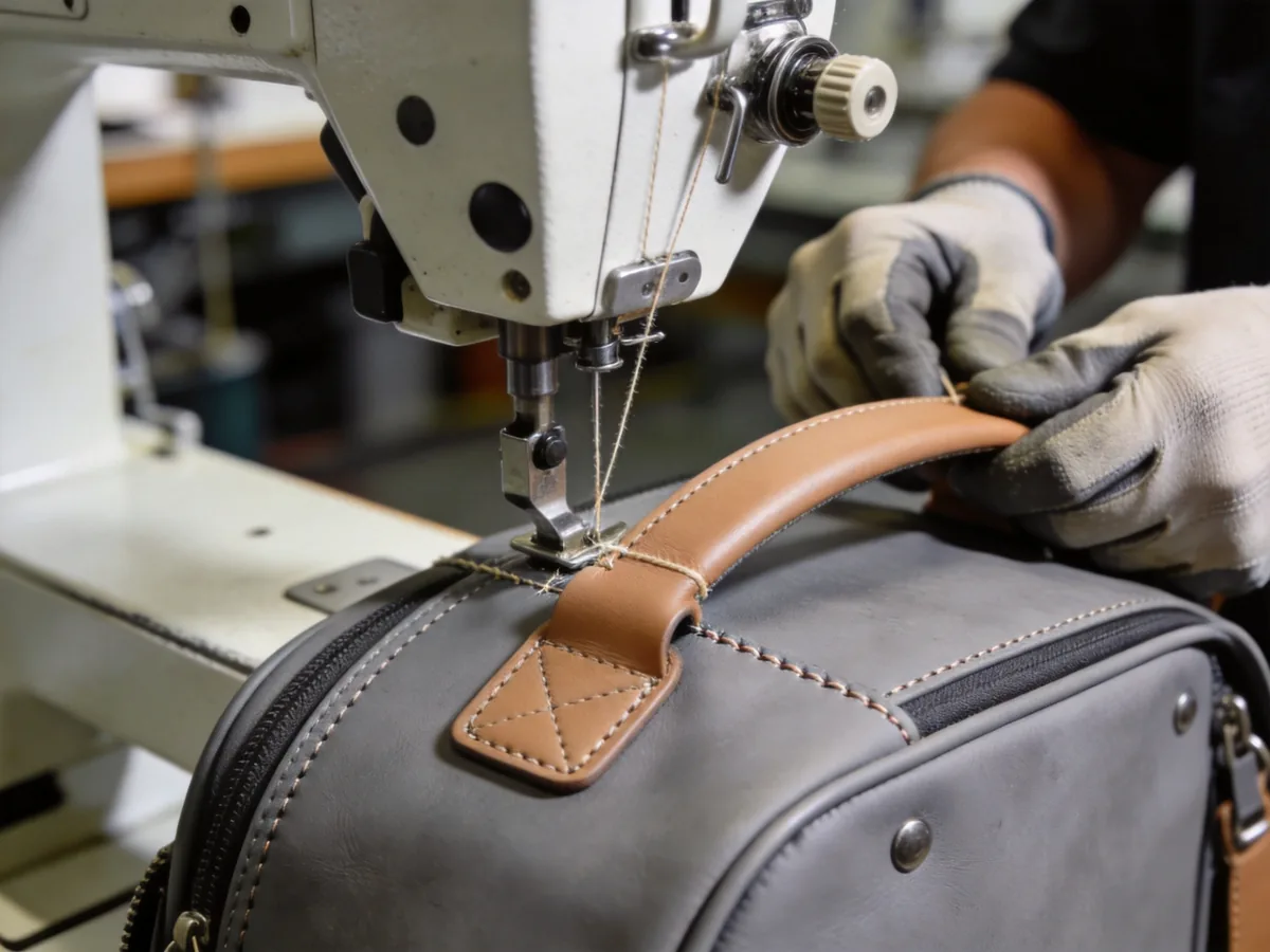 Artisan stitching a leather handle onto a premium minimalist golf bag shell