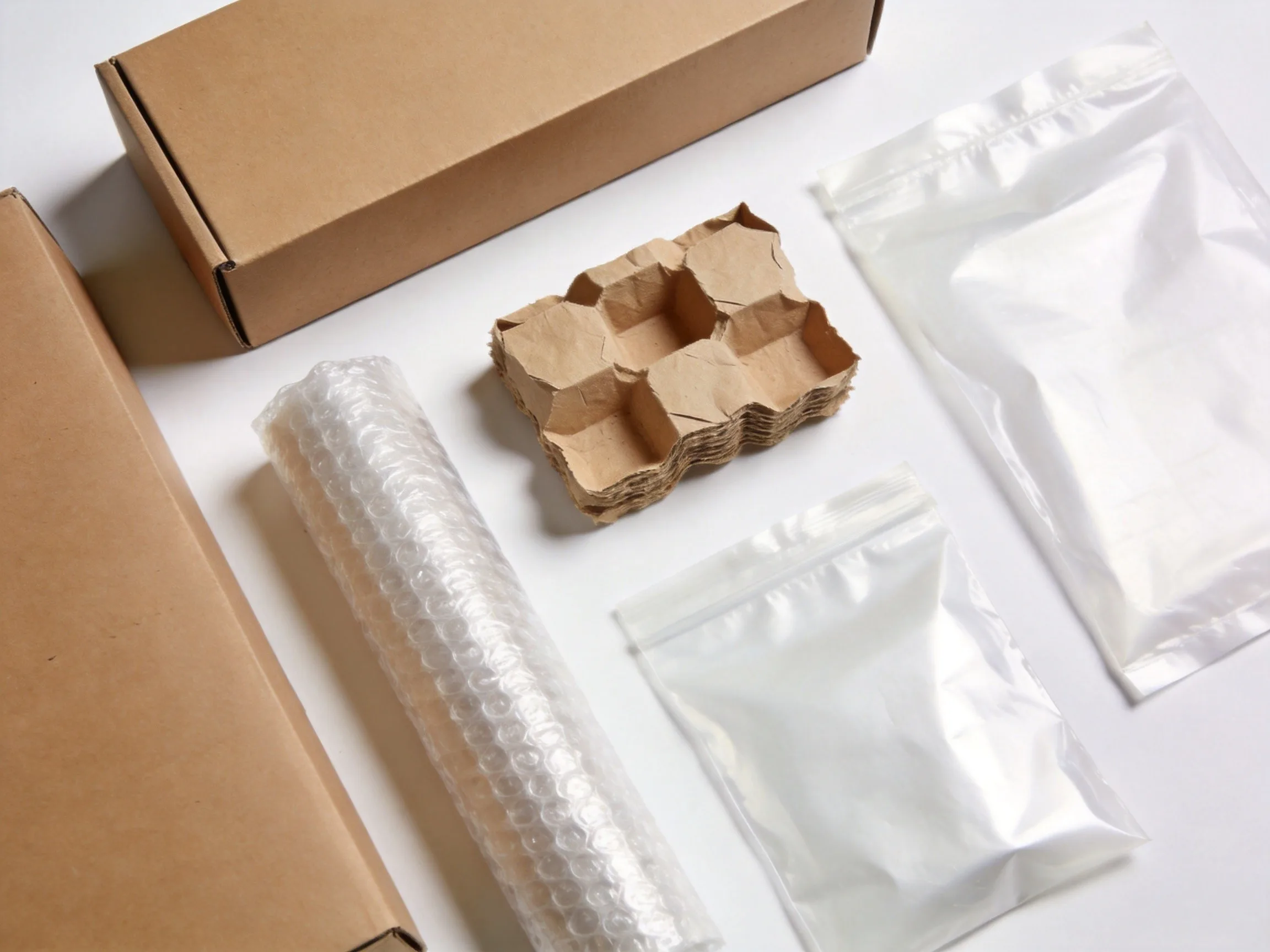 Sustainable golf bag packaging materials including recycled cardboard, compostable bags, and molded pulp inserts